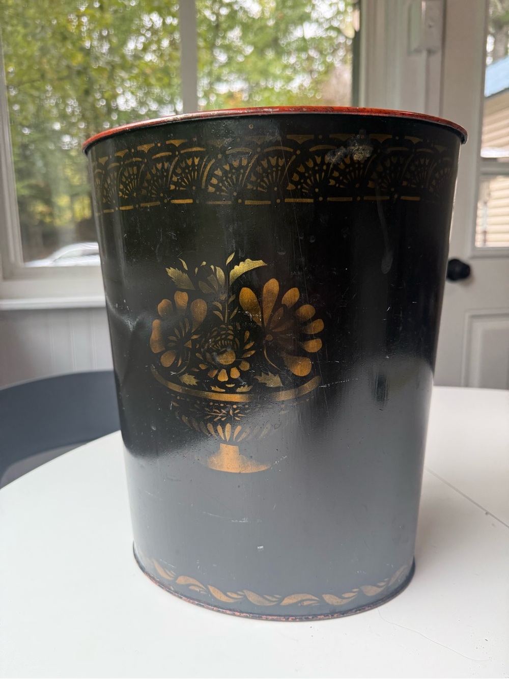 Vintage Decoware Black With Gold , Red Waste Basket 12.5” Tall - pattern
